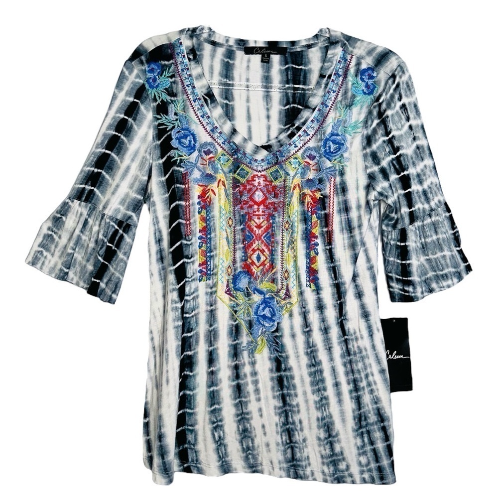 Calessa Tie Die Embroidered Blue Multi Patch Blouse Women's Size‎ Small NWT